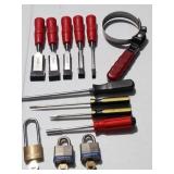 Mixed Lot: Beveled Wood Chisels & Padlocks