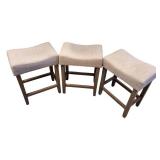 Set of 3 Upholstered Counter Height Stools – Neutral Fabric & Wood Finish