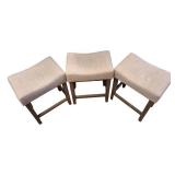 Set of 3 Upholstered Counter Height Stools – Neutral Fabric & Wood Finish