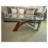 Contemporary Glass Top Coffee Table Wood & Metal Base 48x28x18