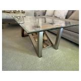 Contemporary Glass Top Coffee Table Wood & Metal Base 48x28x18