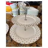 Pair White Gold Polka Dot Ceramic Tidbit Trays 2 Tier Serving Stands