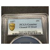 1857 Silver Seated Liberty Quarter PCGS Genuine Cleaned VF Detail