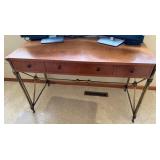 Wood Desk With Brass Tone Base & 4 Drawers
