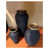 Matte Black Brass-Trim Vases (Lot of 3)
