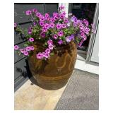 Pair of Large Brown Glazed Ceramic Patio Planter Urn w/ Incised Decor Good