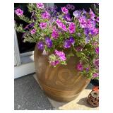 Pair of Large Brown Glazed Ceramic Patio Planter Urn w/ Incised Decor Good