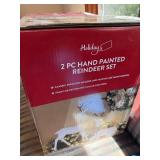 Holiday 2 Pc Hand Painted Reindeer Set White Gold Boxed Decor