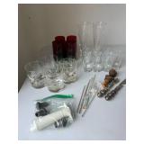 Assorted Vintage Barware Glasses Lot w Stoppers Tools Red Tumblers