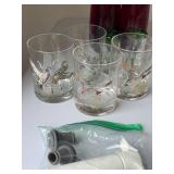 Assorted Vintage Barware Glasses Lot w Stoppers Tools Red Tumblers