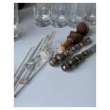 Assorted Vintage Barware Glasses Lot w Stoppers Tools Red Tumblers
