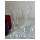 Assorted Vintage Barware Glasses Lot w Stoppers Tools Red Tumblers
