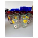 Vintage Mixed Glass Tumbler Lot Cobalt Blue Red Floral 20 Pc Set