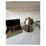 Vintage Stainless Steel Fondue Set Pot Stand Burner & 6 Forks Boxed