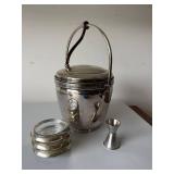Silverplate Ice Bucket Bar Set Coasters Jigger Glass Insert Mid Century