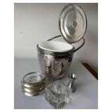 Silverplate Ice Bucket Bar Set Coasters Jigger Glass Insert Mid Century