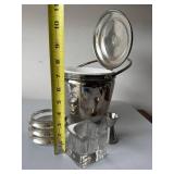 Silverplate Ice Bucket Bar Set Coasters Jigger Glass Insert Mid Century