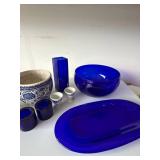 Cobalt Blue Glass & Blue White Ceramic Decor Lot Bowl Vase Platter