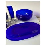 Cobalt Blue Glass & Blue White Ceramic Decor Lot Bowl Vase Platter