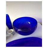 Cobalt Blue Glass & Blue White Ceramic Decor Lot Bowl Vase Platter