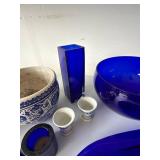 Cobalt Blue Glass & Blue White Ceramic Decor Lot Bowl Vase Platter