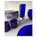 Cobalt Blue Glass & Blue White Ceramic Decor Lot Bowl Vase Platter