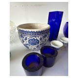 Cobalt Blue Glass & Blue White Ceramic Decor Lot Bowl Vase Platter