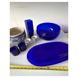 Cobalt Blue Glass & Blue White Ceramic Decor Lot Bowl Vase Platter