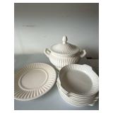 Vintage Japan White Ironstone Soup Tureen Set 8 Pc Ribbed Ceramic