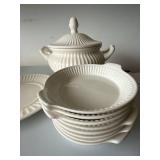 Vintage Japan White Ironstone Soup Tureen Set 8 Pc Ribbed Ceramic