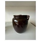 Vintage Brown Glazed Stoneware Bean Pot Crock w Lid Handles 8in