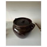 Vintage Brown Glazed Stoneware Bean Pot Crock w Lid Handles 8in
