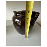Vintage Brown Glazed Stoneware Bean Pot Crock w Lid Handles 8in