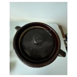 Vintage Brown Glazed Stoneware Bean Pot Crock w Lid Handles 8in
