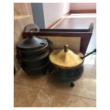 Cast Iron Cauldrons, Brass Lidded Vessel & Wooden Tray Mixed Lot