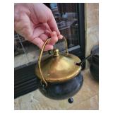 Cast Iron Cauldrons, Brass Lidded Vessel & Wooden Tray Mixed Lot