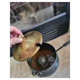 Cast Iron Cauldrons, Brass Lidded Vessel & Wooden Tray Mixed Lot