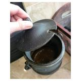 Cast Iron Cauldrons, Brass Lidded Vessel & Wooden Tray Mixed Lot