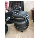 Cast Iron Cauldrons, Brass Lidded Vessel & Wooden Tray Mixed Lot