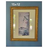 Framed Asian Bird Print in Gilt Frame