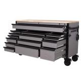^HUSKY Heavy Duty 61 in. W x 23 in. D 15-Drawer Matte Gray Mobile Workbench Cabinet with Solid Wood Top- MSRP $998