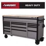 ^HUSKY Heavy Duty 61 in. W x 23 in. D 15-Drawer Matte Gray Mobile Workbench Cabinet with Solid Wood Top- MSRP $998