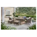 Windsor 6-Piece Brown Wicker Outdoor Patio Conversation Seating Set with Cushion Guard Biscuit Tan Cushions MSRP $1499