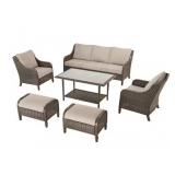 Windsor 6-Piece Brown Wicker Outdoor Patio Conversation Seating Set with Cushion Guard Biscuit Tan Cushions MSRP $1499