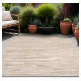 Linea Beige 8 ft. x 10 ft. Rubber Back Washable Modern Striped Indoor Outdoor Patio Area Rug
