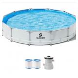 ^ Sloosh 12ft x 30 in. Outdoor Round Frame Above Ground Swimming Pool Set for Kids Adults with Filter Pump Msrp $249.99