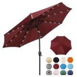Sun-Ray 9 FT 32 LED Patio Solar Umbrella w/ Push Button Tilt and Crank Outdoor Umbrella, 8 Sturdy Ribs, UV Protection, Solution-Dyed Fabric, Burgundy