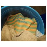 Metal Barrel with Canvas and Feed Sacks with Markings