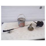 Vintage Minnow Bucket, rod and reel, anchor and Boat Motor Prop