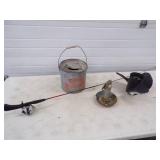 Vintage Minnow Bucket, rod and reel, anchor and Boat Motor Prop
